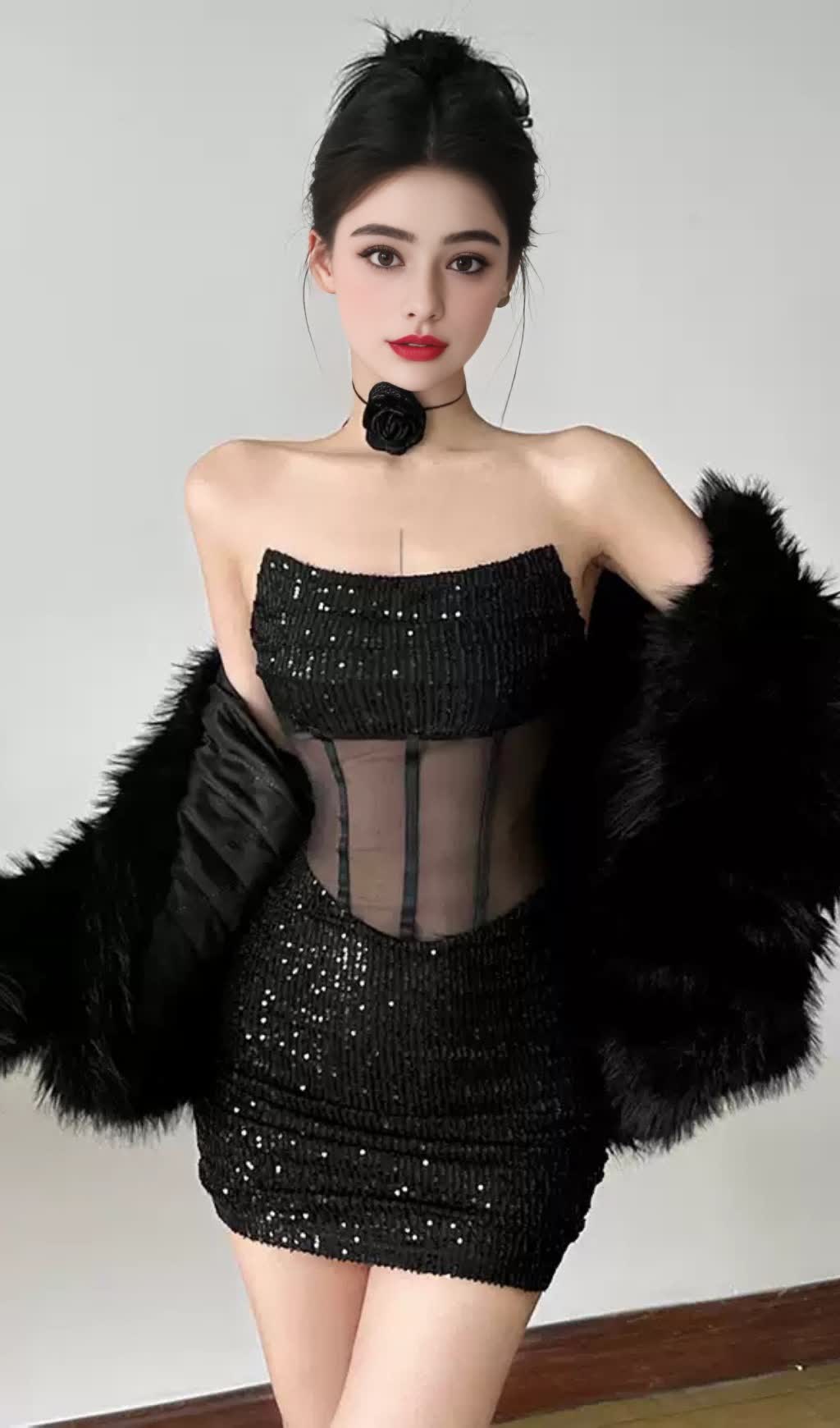 Black Sequin Strapless Mesh Mini  Hoco Dress