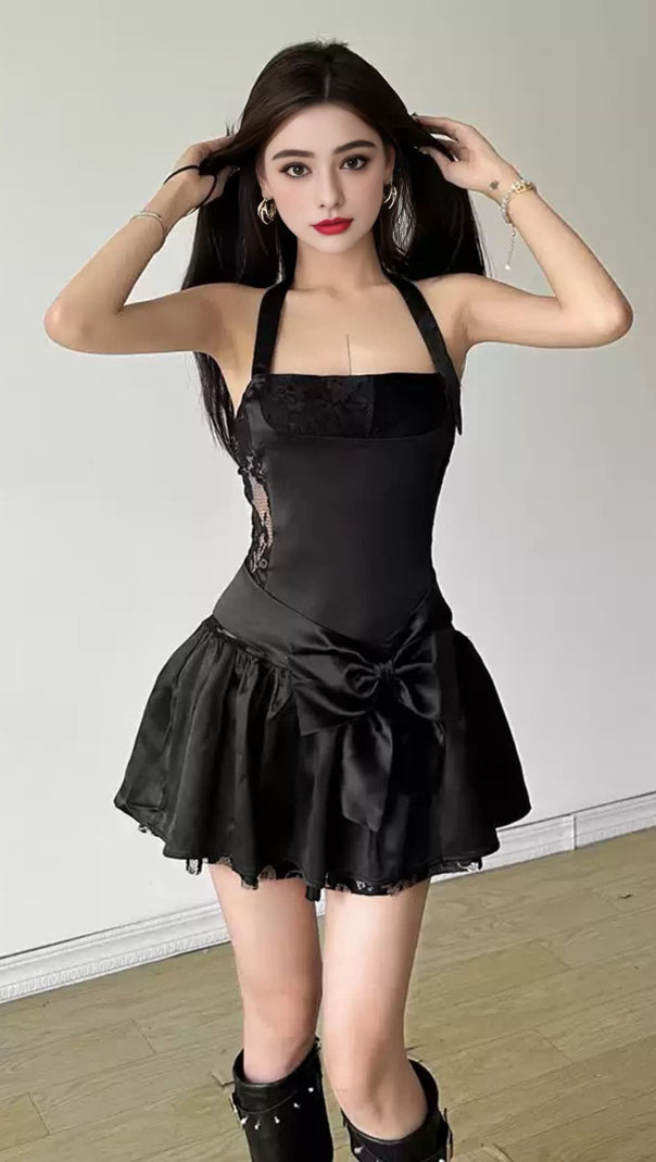 AIIZIE BLACK SATIN HALTER BOW - ACCENT MINI HOCO DRESS - product image