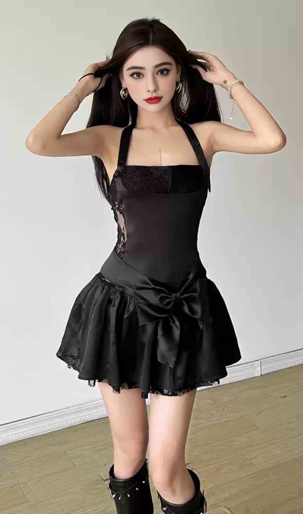 Black Satin Halter Bow - Accent Mini  Hoco Dress