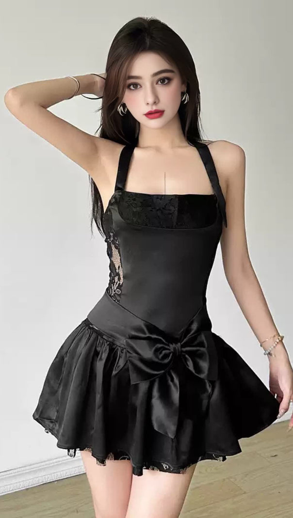 AIIZIE BLACK SATIN HALTER BOW - ACCENT MINI HOCO DRESS - product image