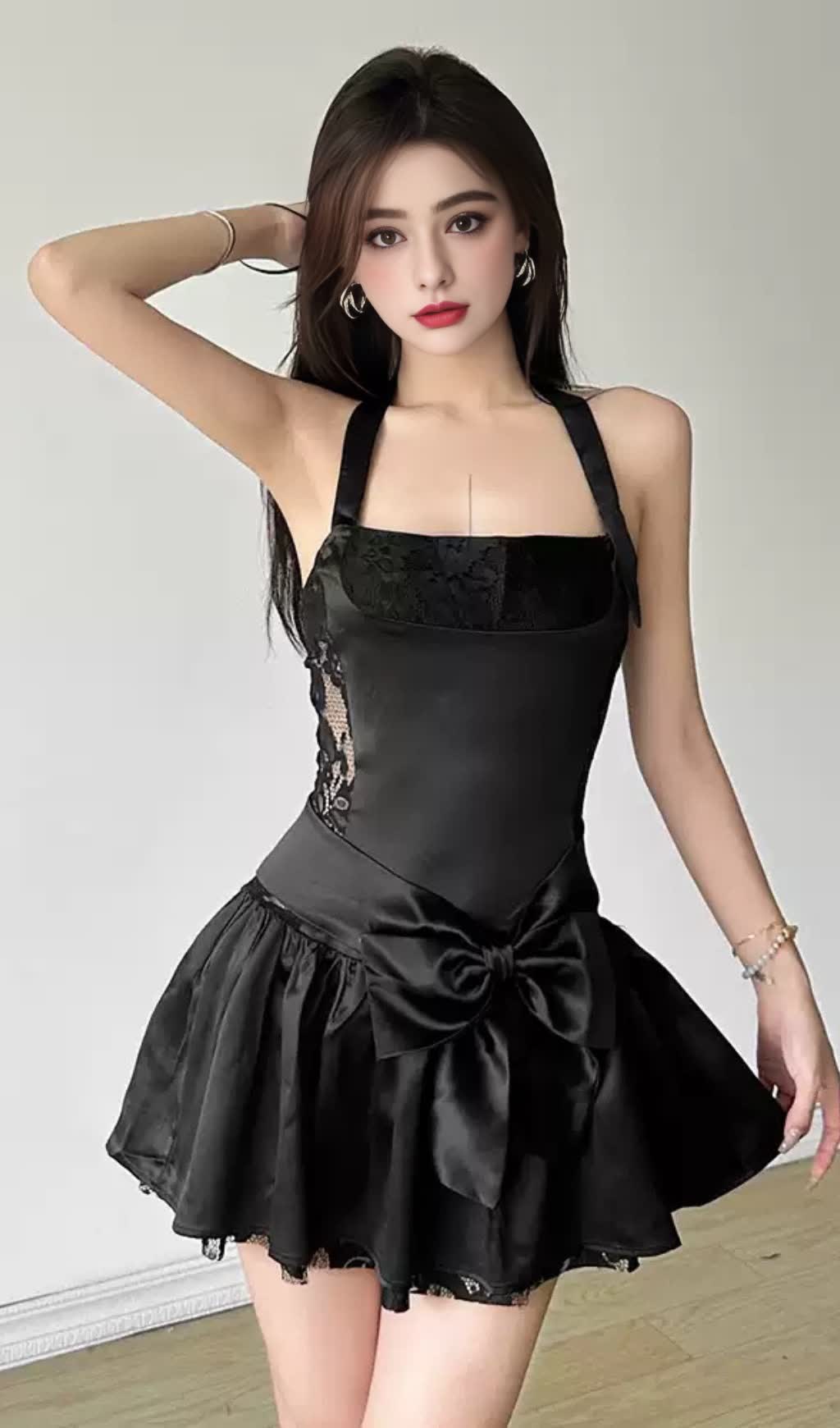 Black Satin Halter Bow - Accent Mini  Hoco Dress