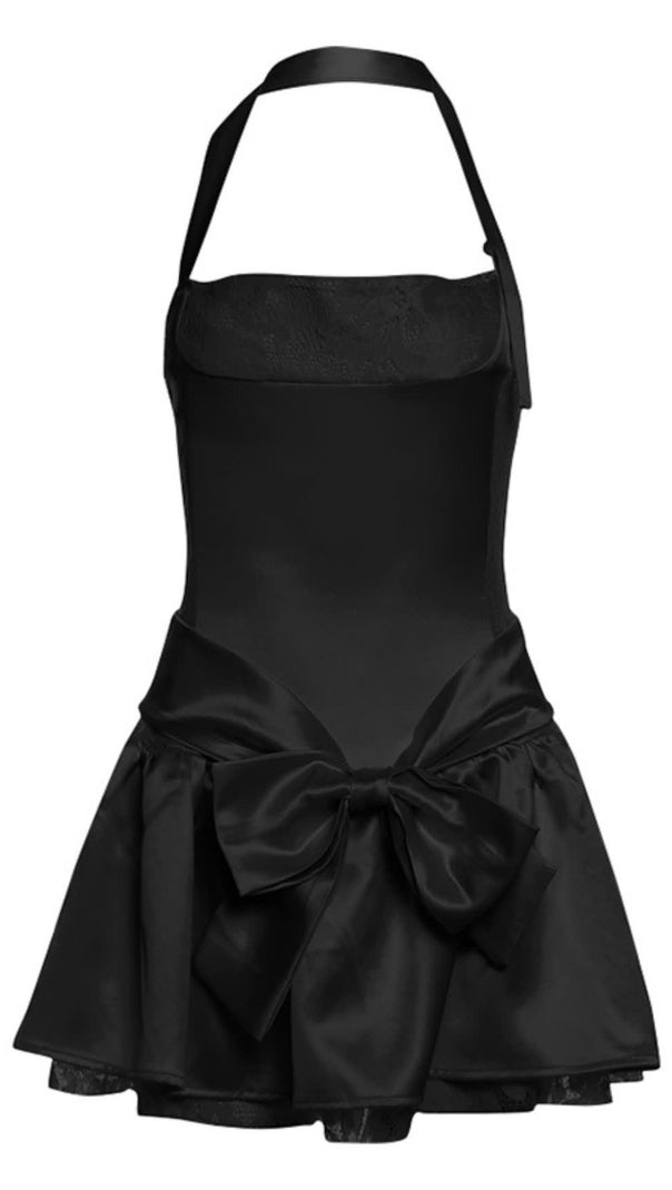 AIIZIE BLACK SATIN HALTER BOW - ACCENT MINI HOCO DRESS - product image