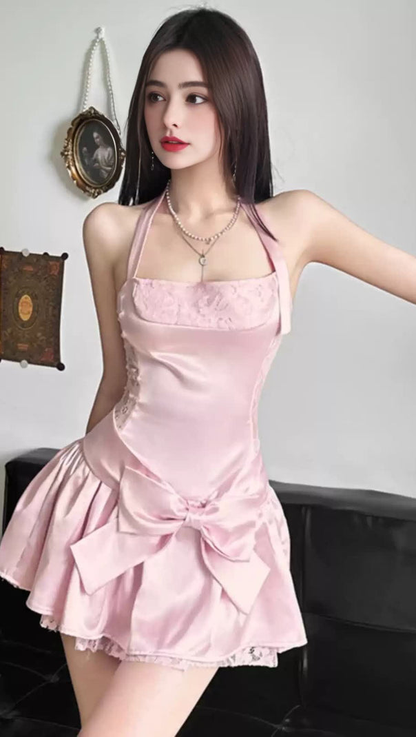 AIIZIE PINK SATIN HALTER BOW - ACCENT MINI HOCO DRESS - product image