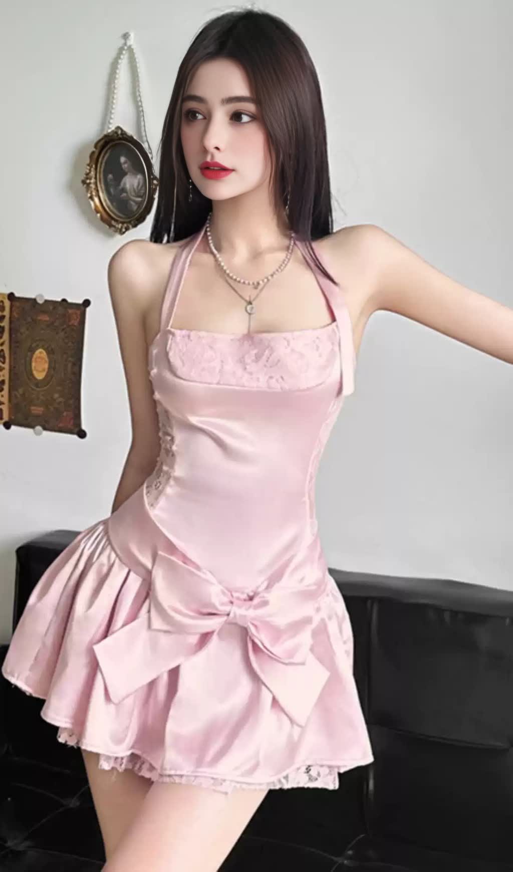 Pink Satin Halter Bow - Accent Mini  Hoco Dress