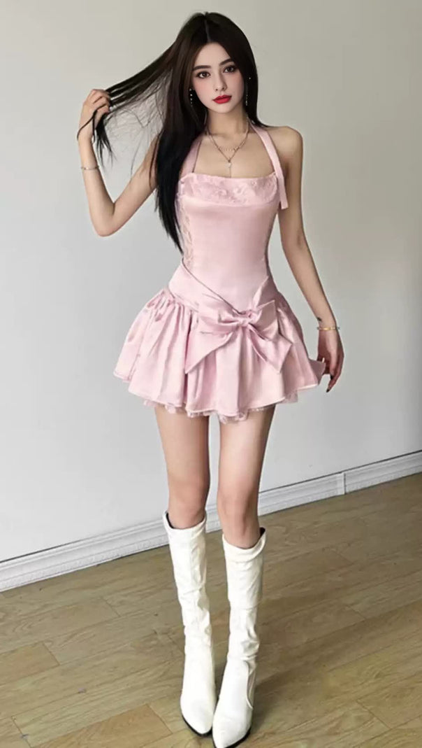 AIIZIE PINK SATIN HALTER BOW - ACCENT MINI HOCO DRESS - product image