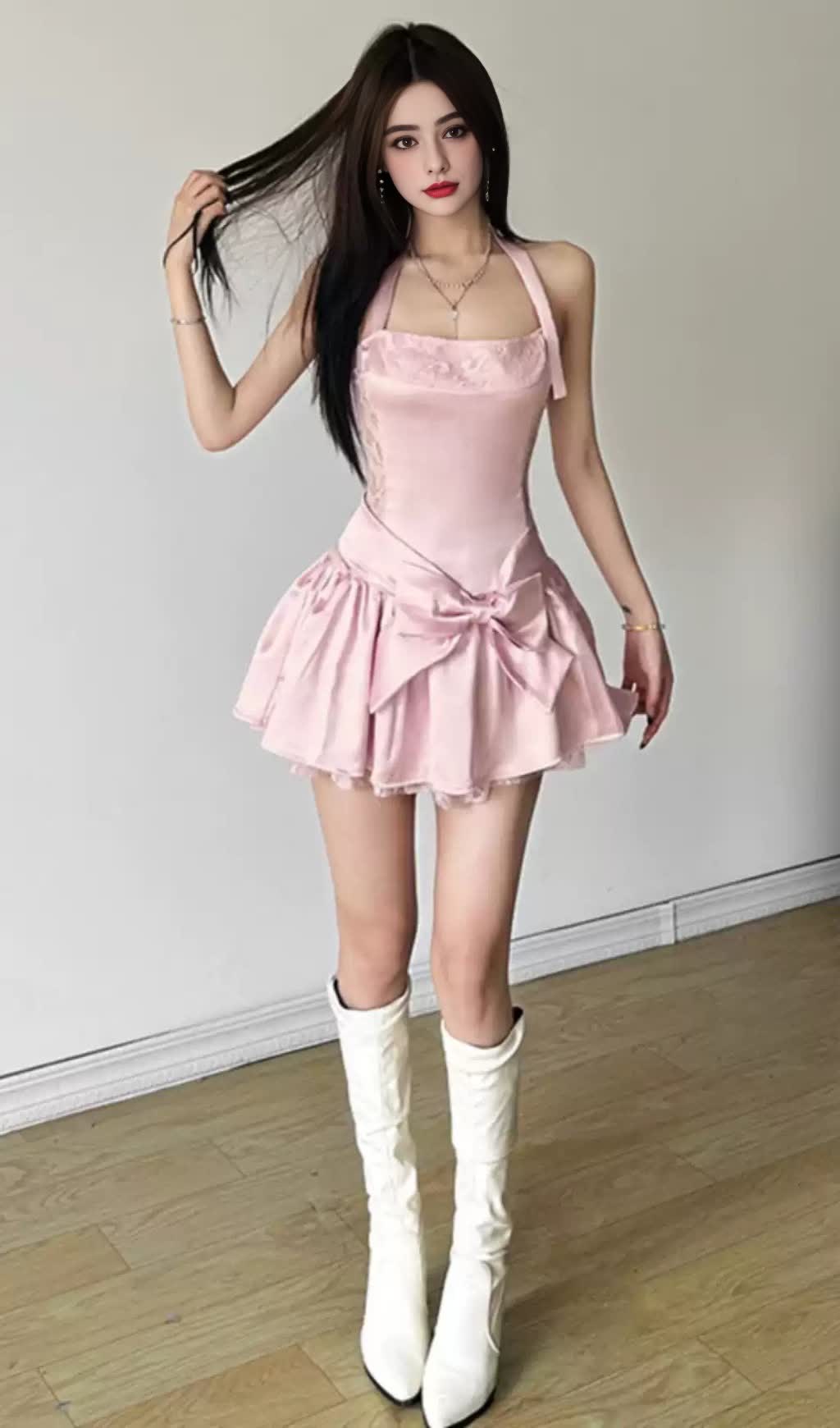 Pink Satin Halter Bow - Accent Mini  Hoco Dress