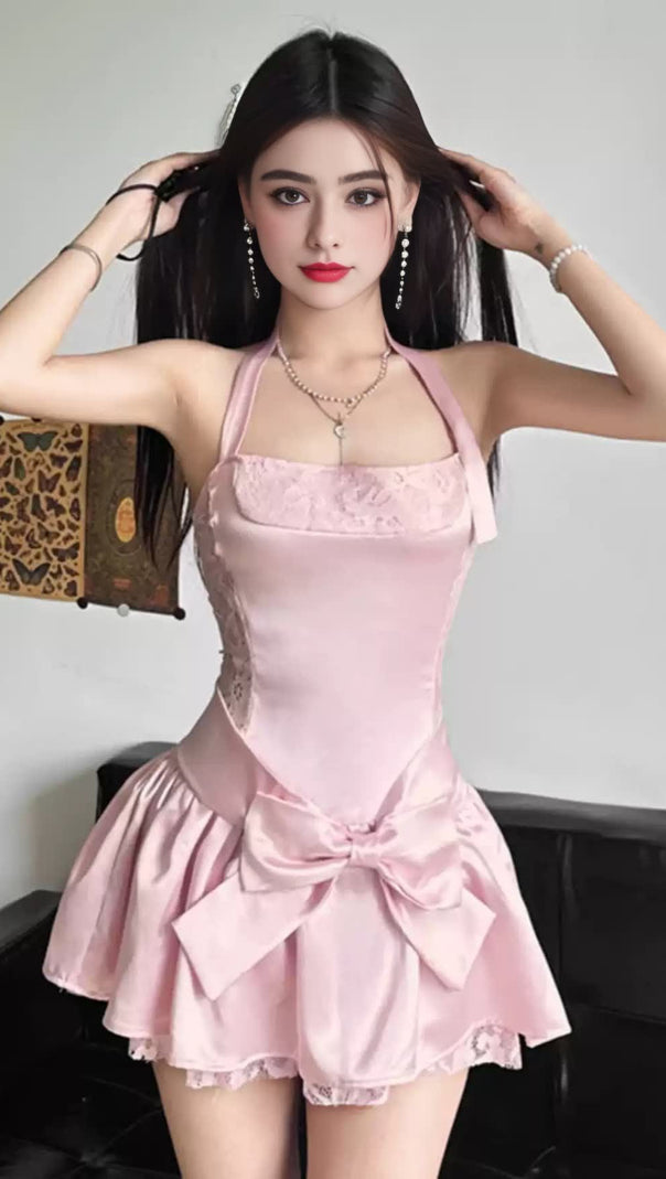AIIZIE PINK SATIN HALTER BOW - ACCENT MINI HOCO DRESS - product image