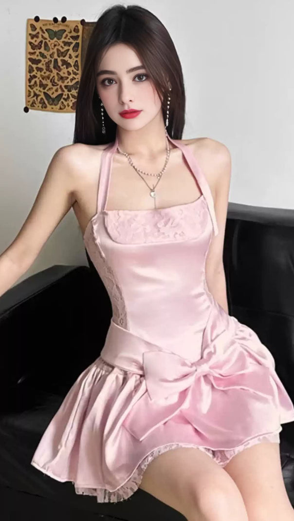AIIZIE PINK SATIN HALTER BOW - ACCENT MINI HOCO DRESS - product image