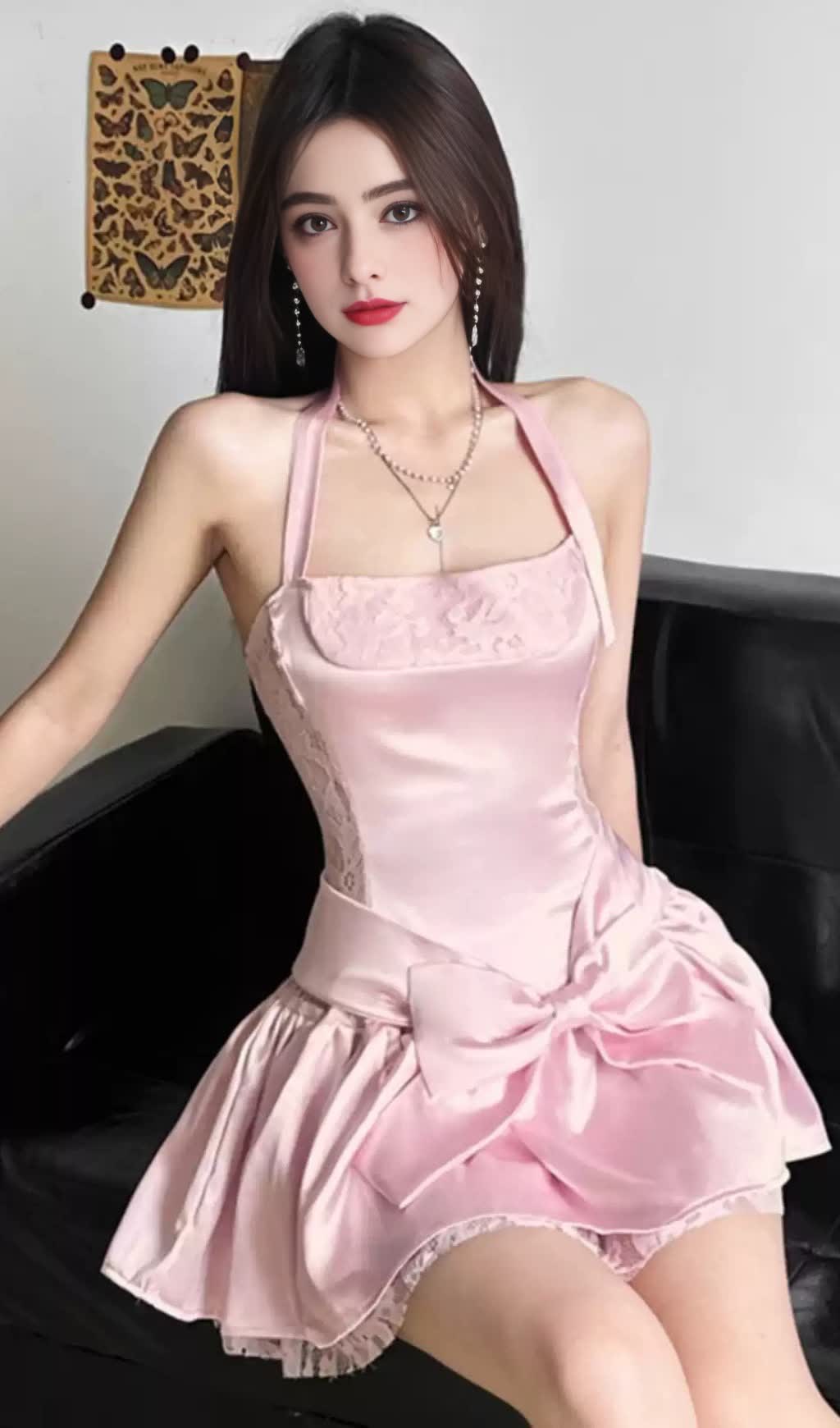 Pink Satin Halter Bow - Accent Mini  Hoco Dress