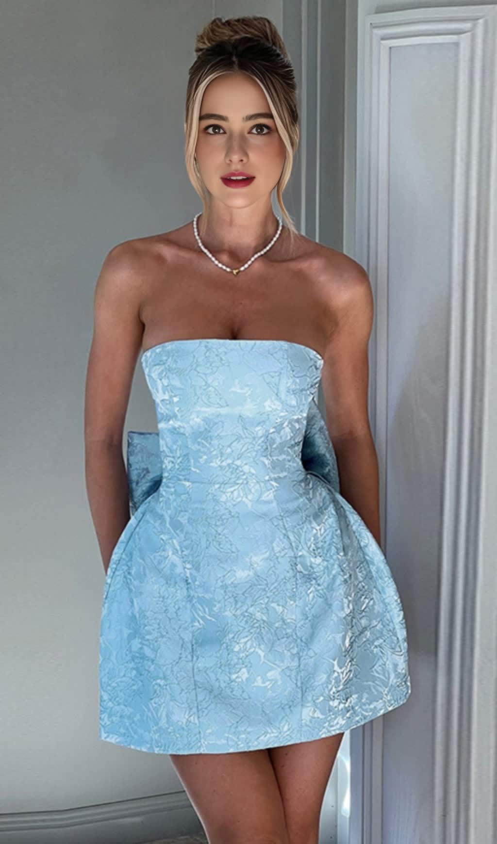 Blue Strapless Bow - Back Brocade Mini  Hoco Dress