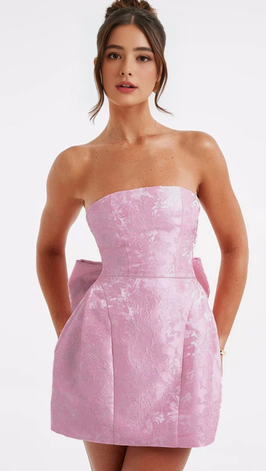 Rosa trägerloses Mini-Hoco-Kleid aus Brokat mit Schleife auf der Rückseite 