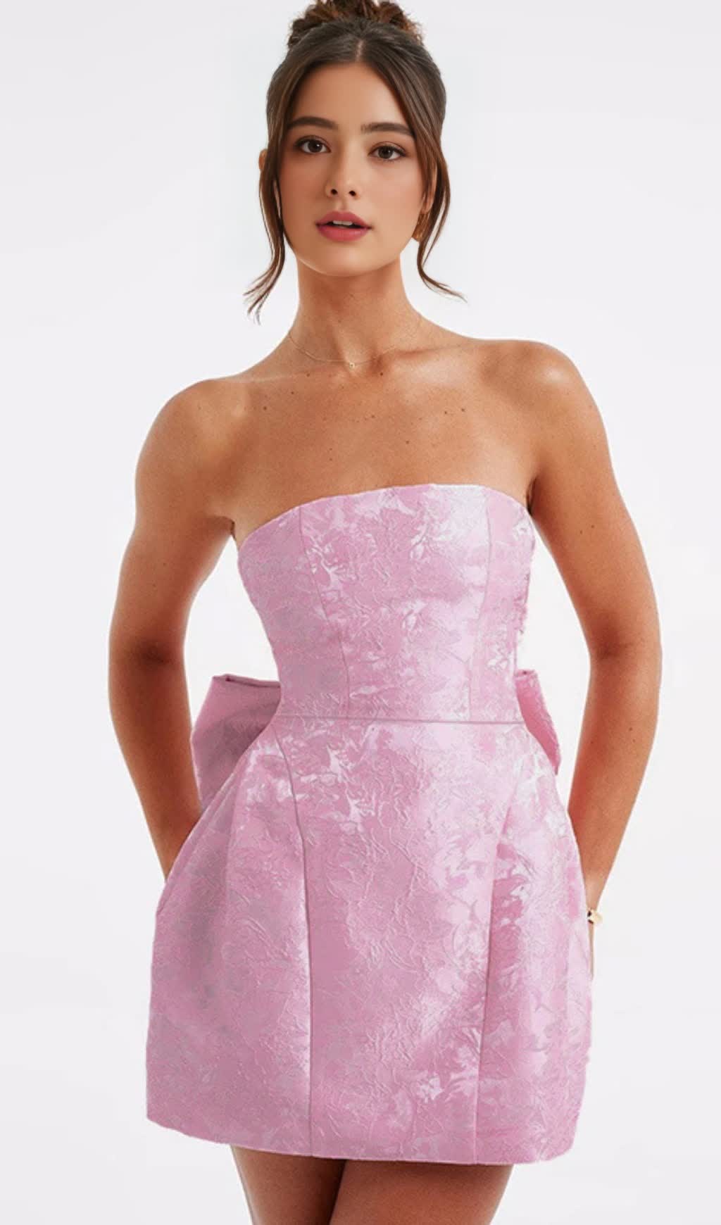 Pink Strapless Bow - Back Brocade Mini  Hoco Dress