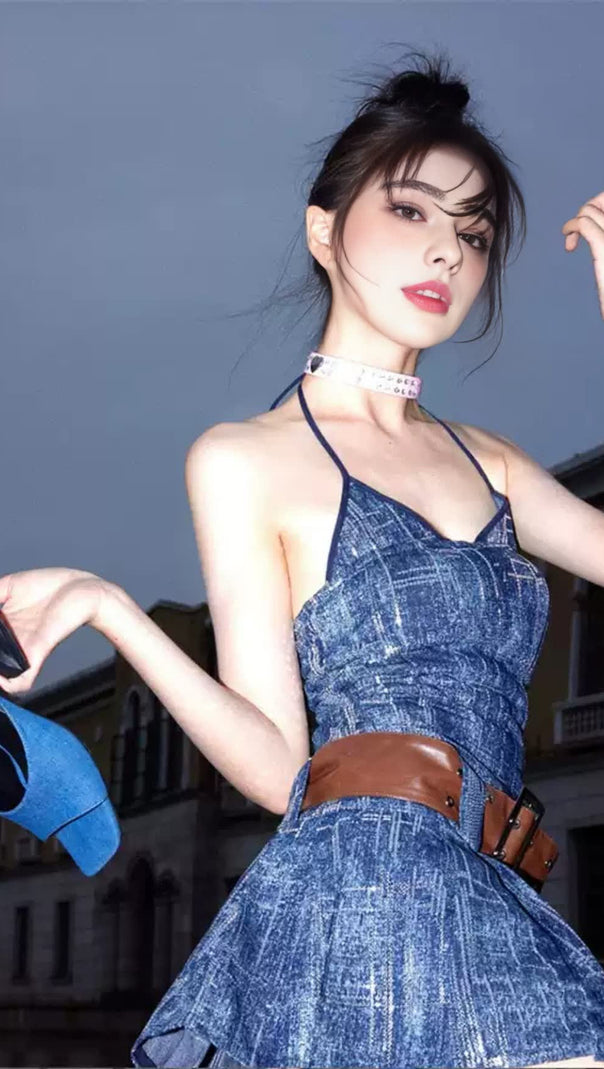 AIIZIE DENIM HALTER NECK BELTED NAVY MINIHOCO DRESS - product image
