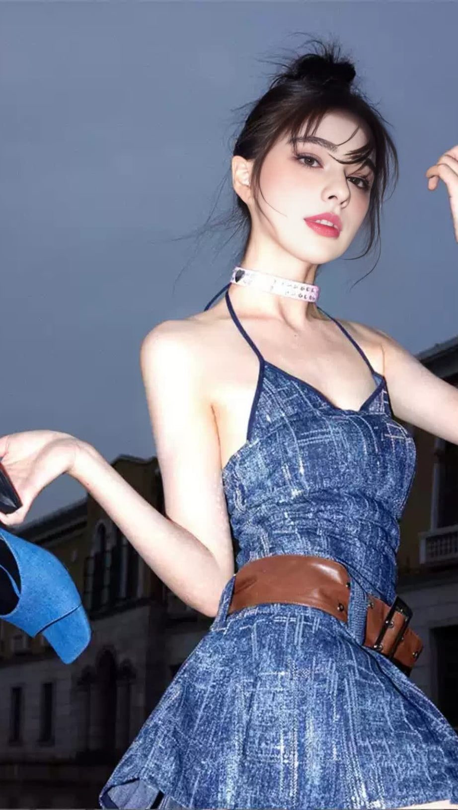 DENIM HALTER NECK BELTED NAVY  MINIHOCO DRESS