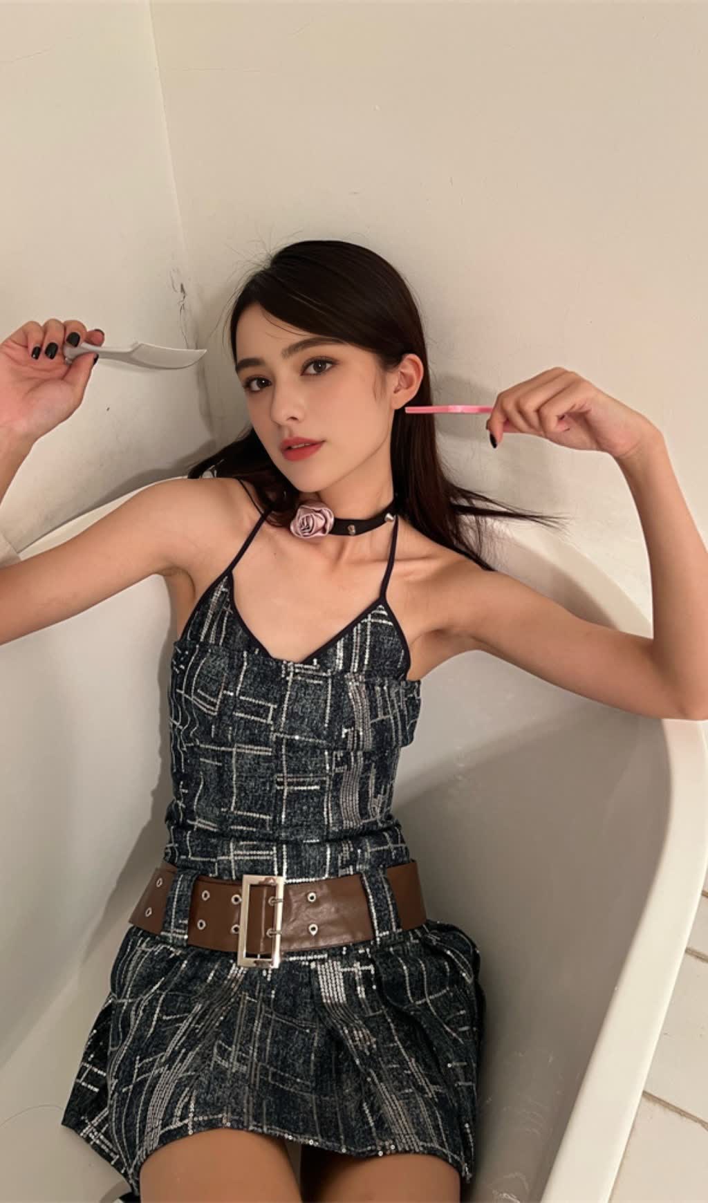 DENIM HALTER NECK BELTED NAVY  MINIHOCO DRESS