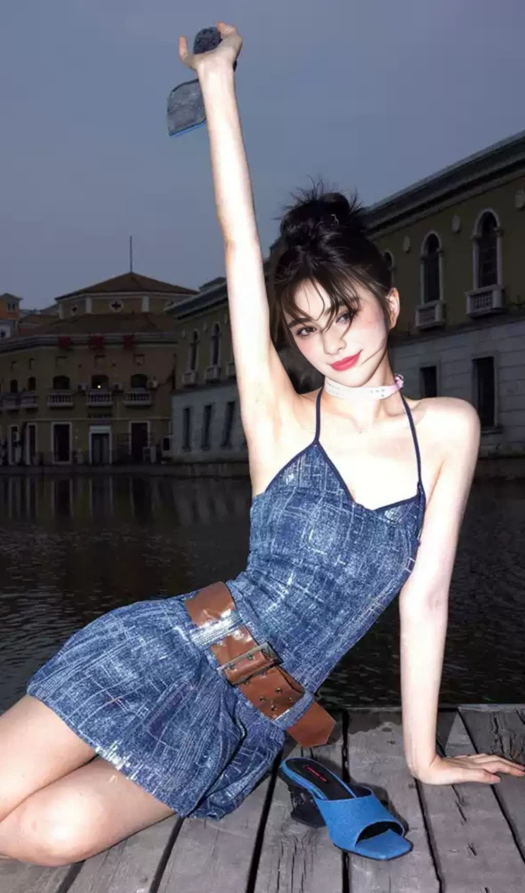 Denim Halter Neck Belted Navy  MiniHoco Dress