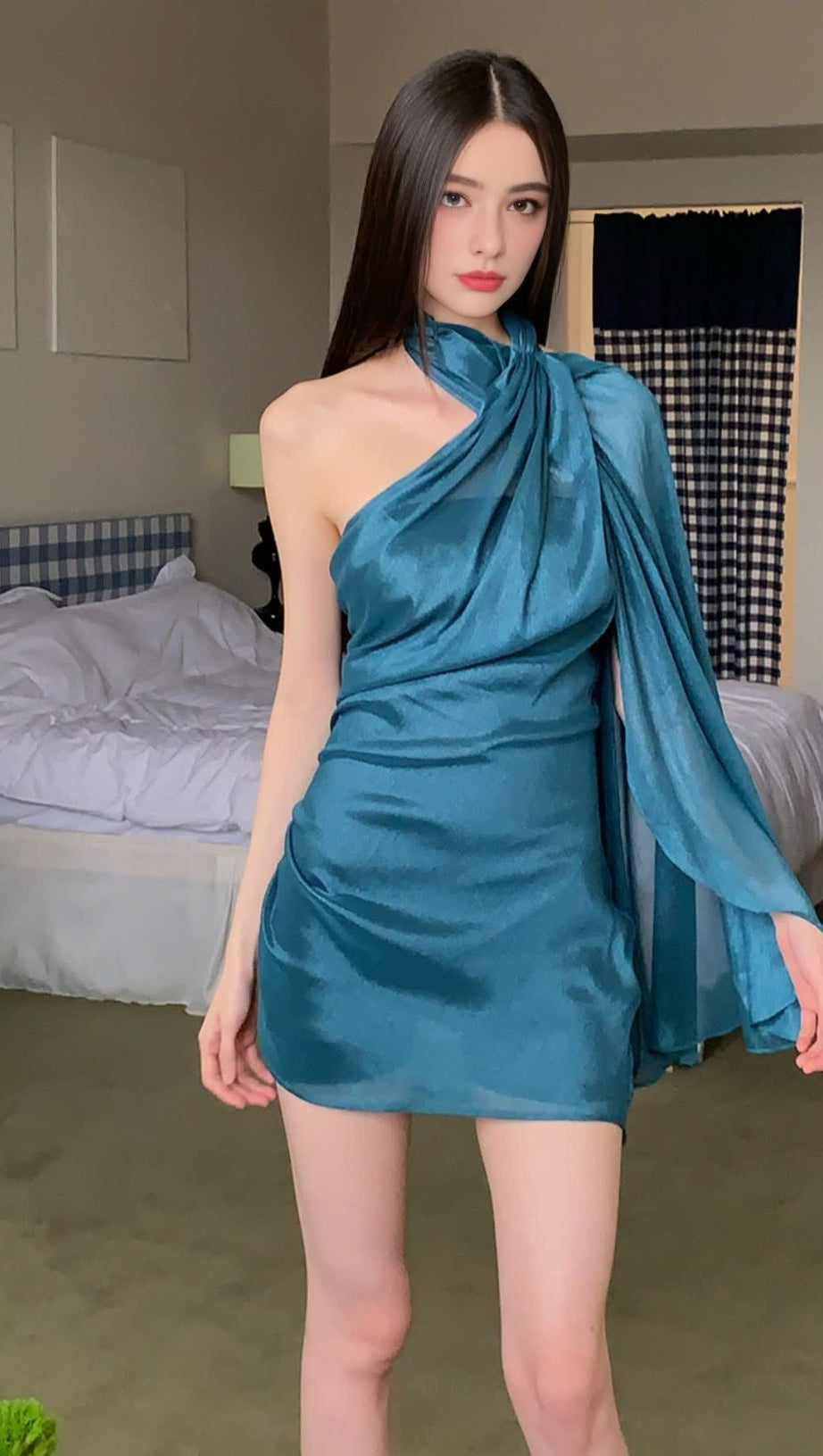ASYMMETRIC ONE - SHOULDER CHIFFON BLUE  MINI HOCO DRESS