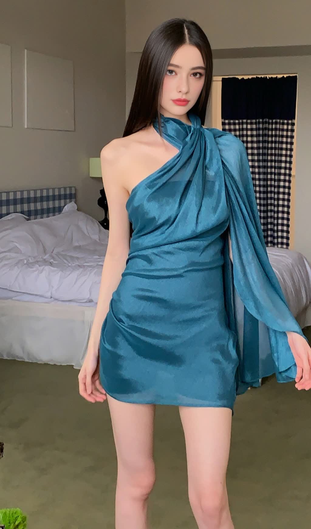Asymmetric One - Shoulder Chiffon Blue  Mini Hoco Dress