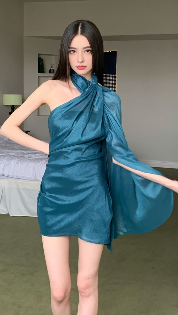 AIIZIE ASYMMETRIC ONE - SHOULDER CHIFFON BLUE MINI HOCO DRESS - product image