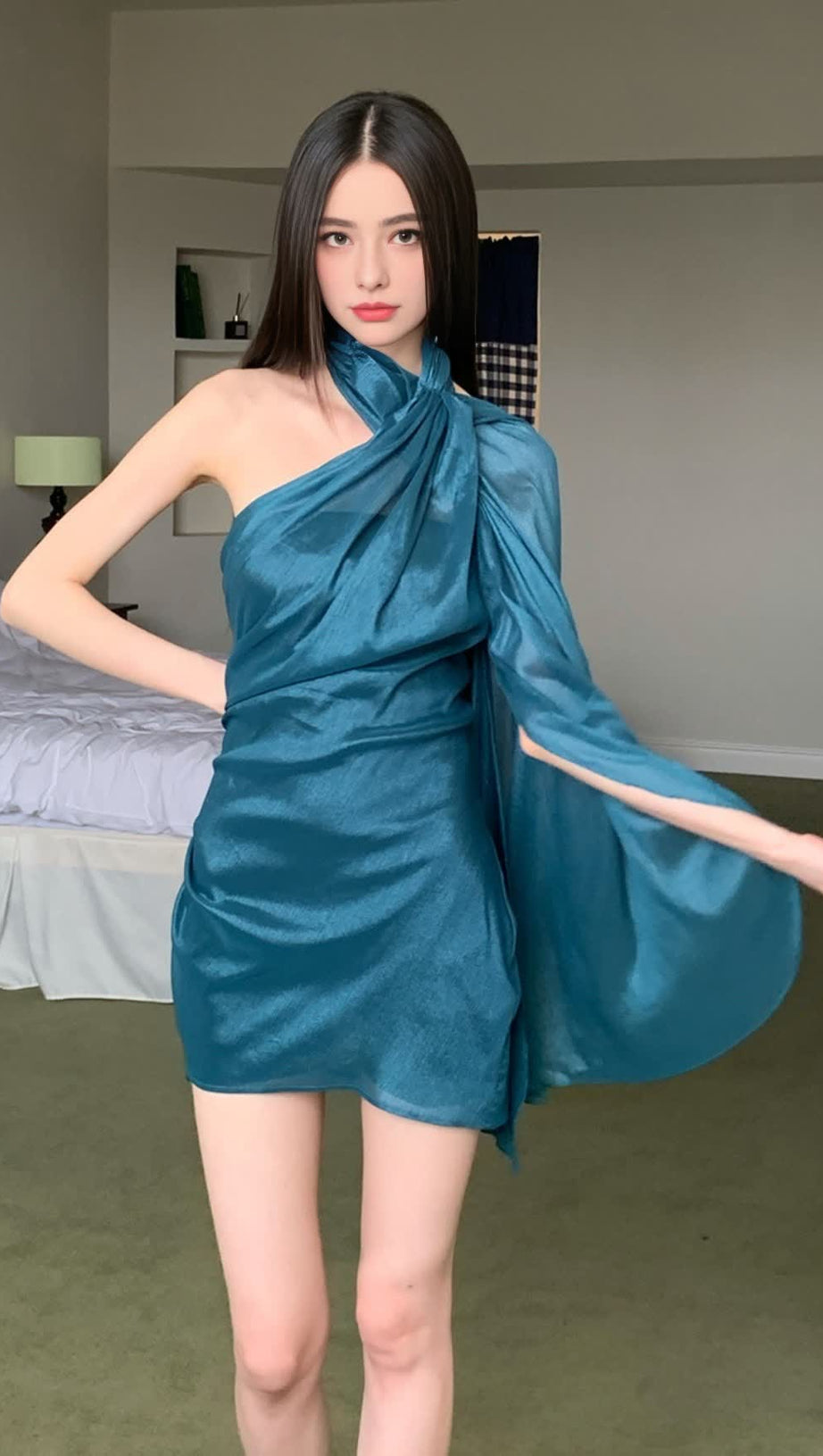 ASYMMETRIC ONE - SHOULDER CHIFFON BLUE  MINI HOCO DRESS