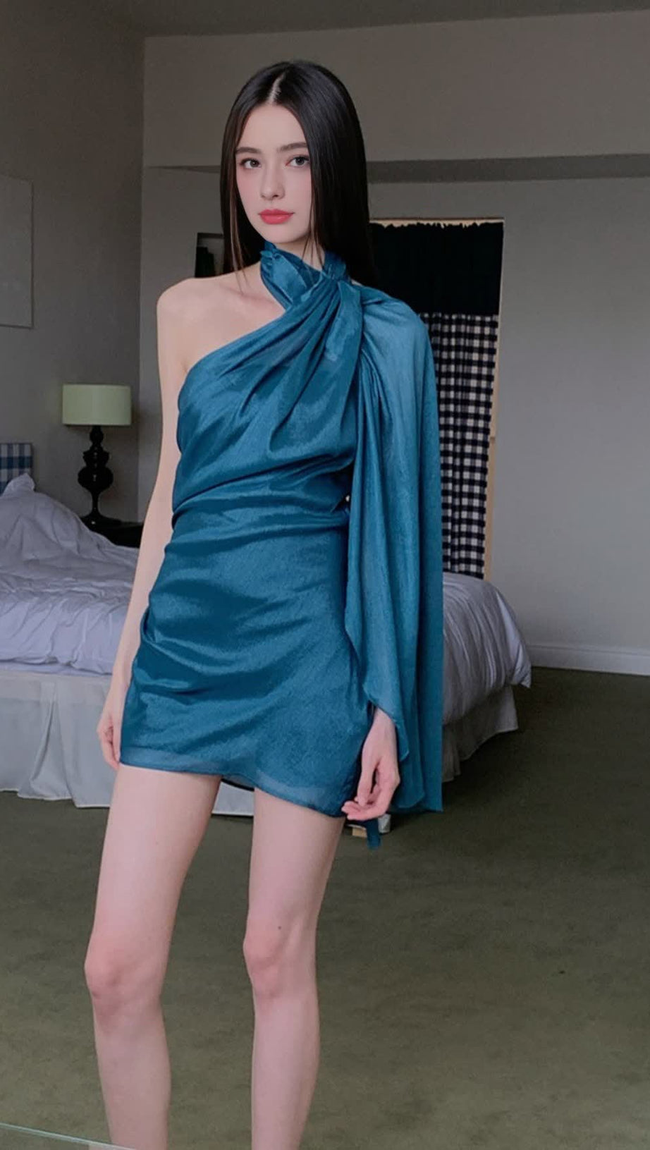 ASYMMETRIC ONE - SHOULDER CHIFFON BLUE  MINI HOCO DRESS