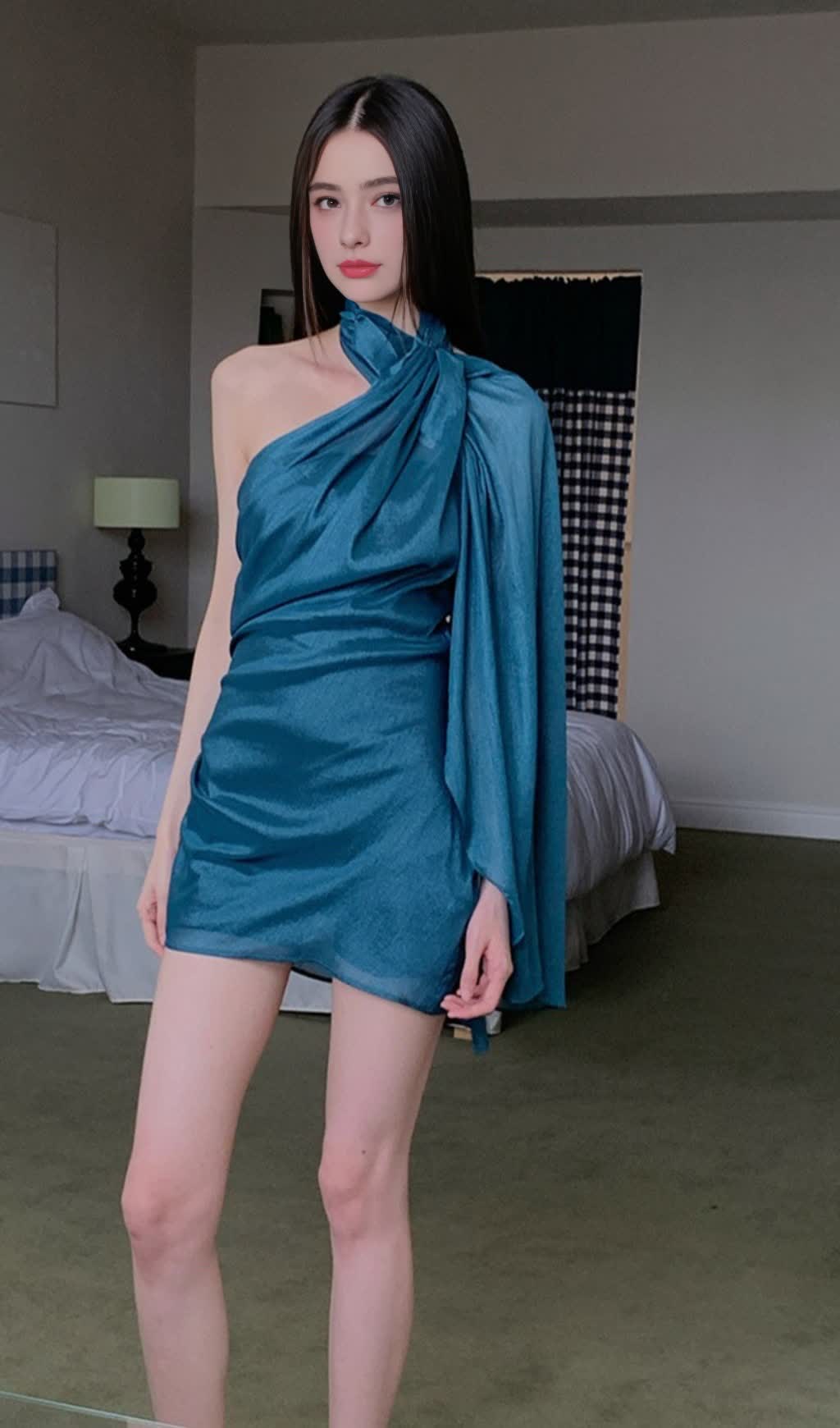 Asymmetric One - Shoulder Chiffon Blue  Mini Hoco Dress
