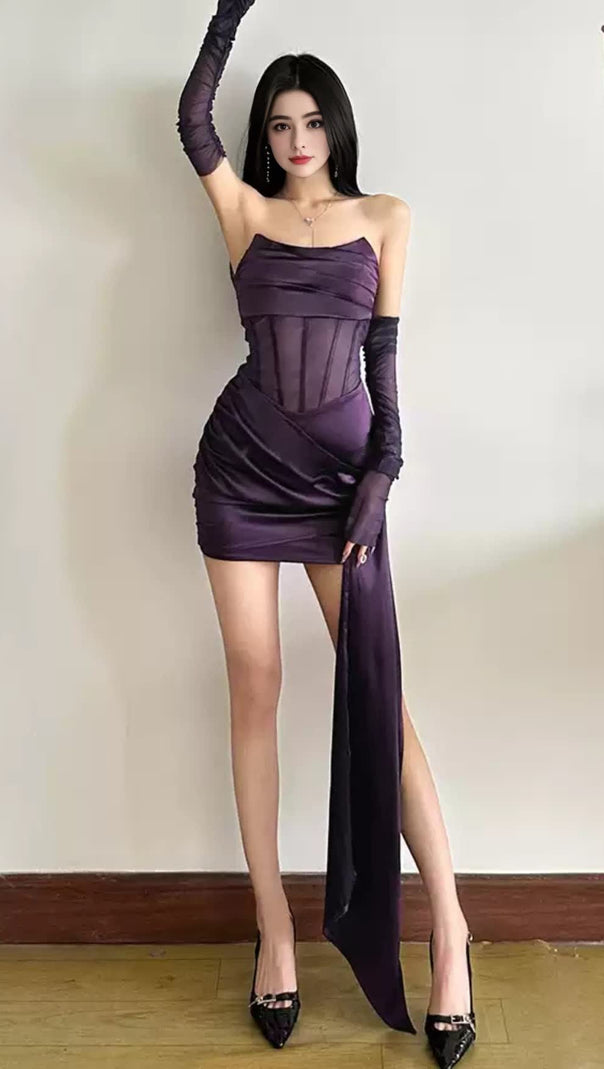 AIIZIE PURPLE VELVET MESH - PANELED CORSET MINI HOCO DRESS - product image
