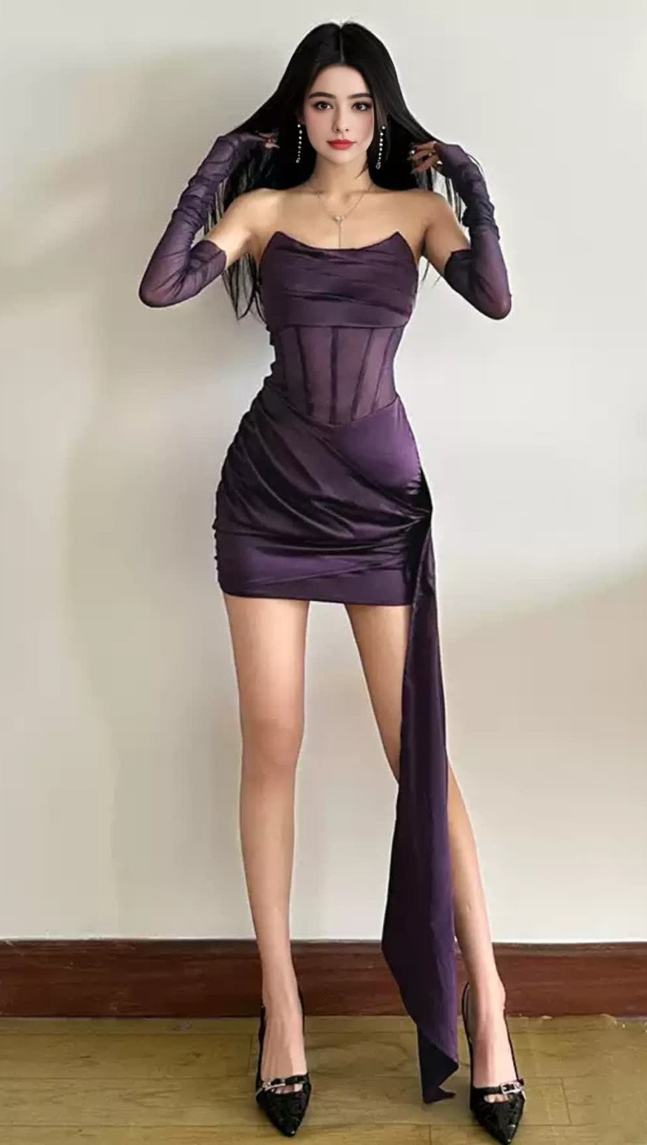 Lila Samtnetz - Mini-Hoco-Kleid mit Korsett-Einsätzen 