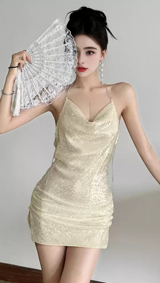 AIIZIE APRICOT SEQUIN HALTER NECK RUCHED HOMECOMING DRESS - product image