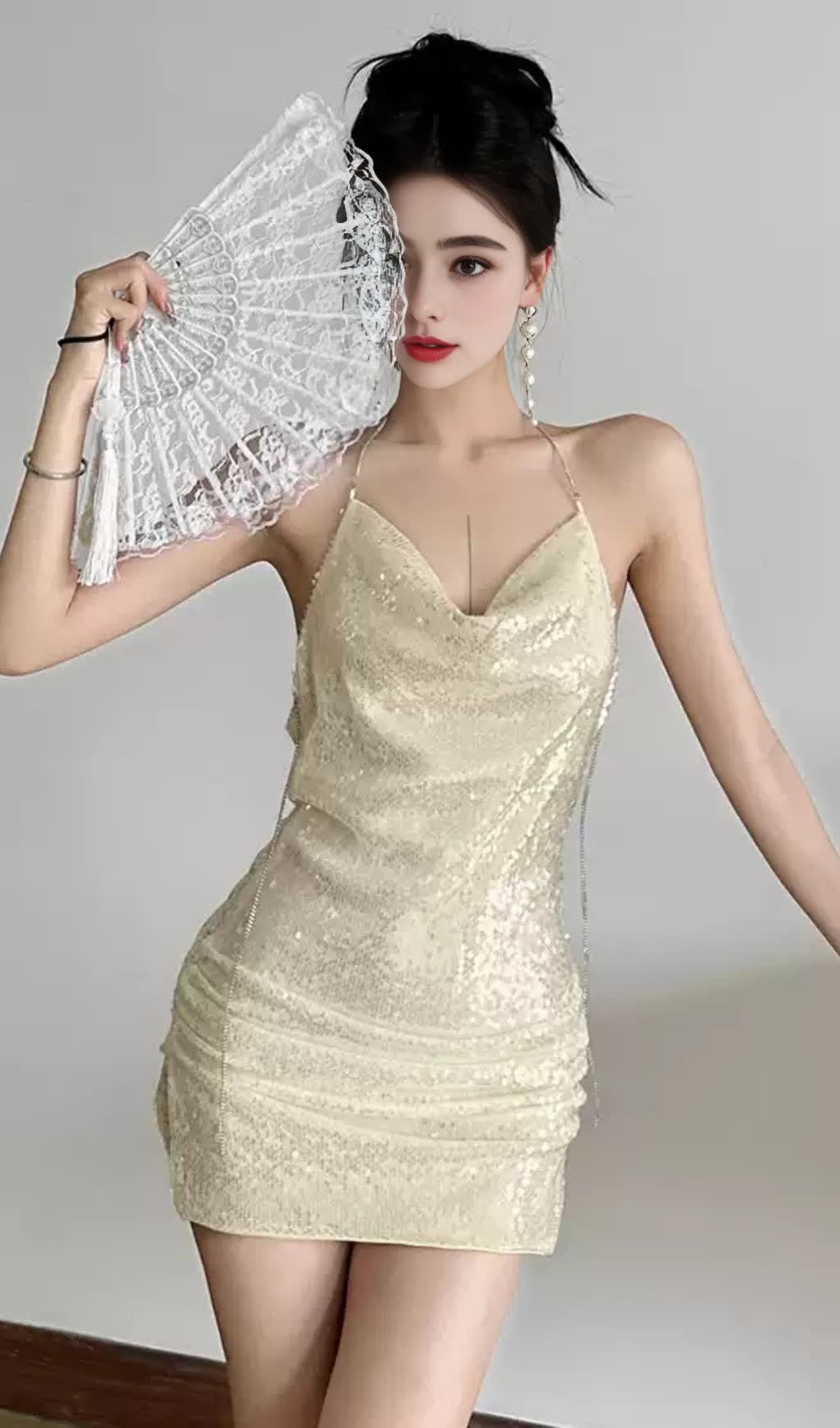 Apricot Sequin Halter Neck Ruched Homecoming Dress
