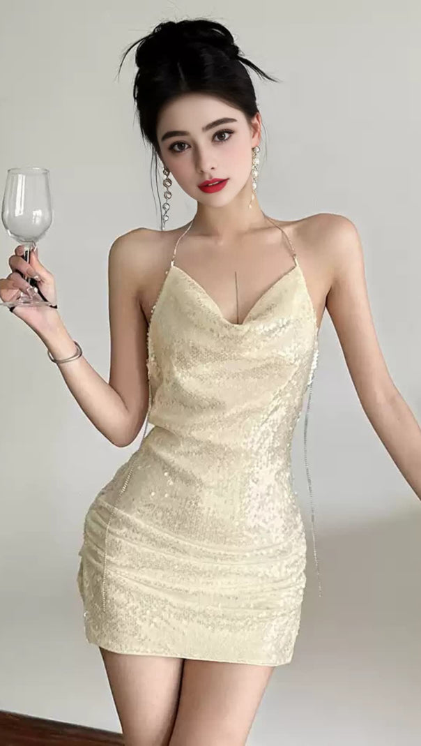 AIIZIE APRICOT SEQUIN HALTER NECK RUCHED HOMECOMING DRESS - product image
