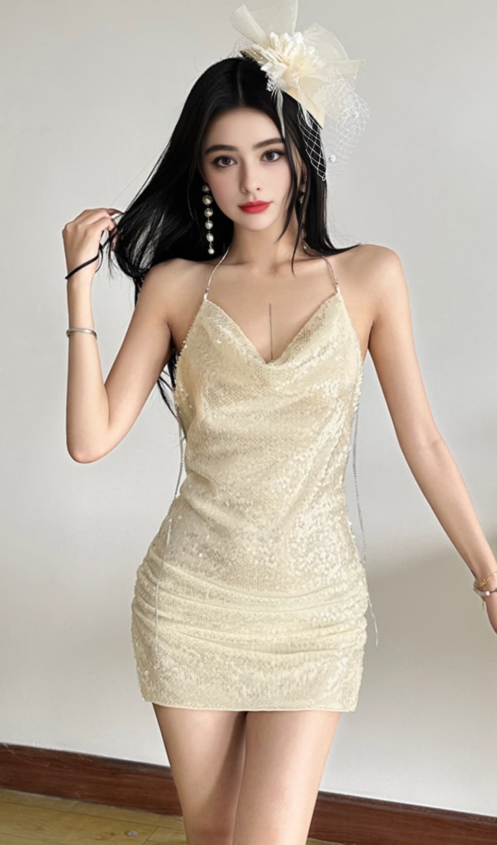 Apricot Sequin Halter Neck Ruched Homecoming Dress