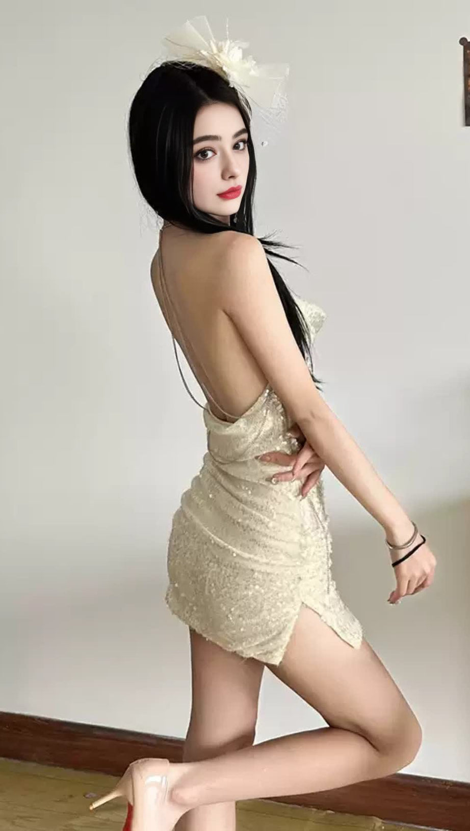 Aprikosenfarbenes, gerüschtes Homecoming-Kleid mit Neckholder und Pailletten 