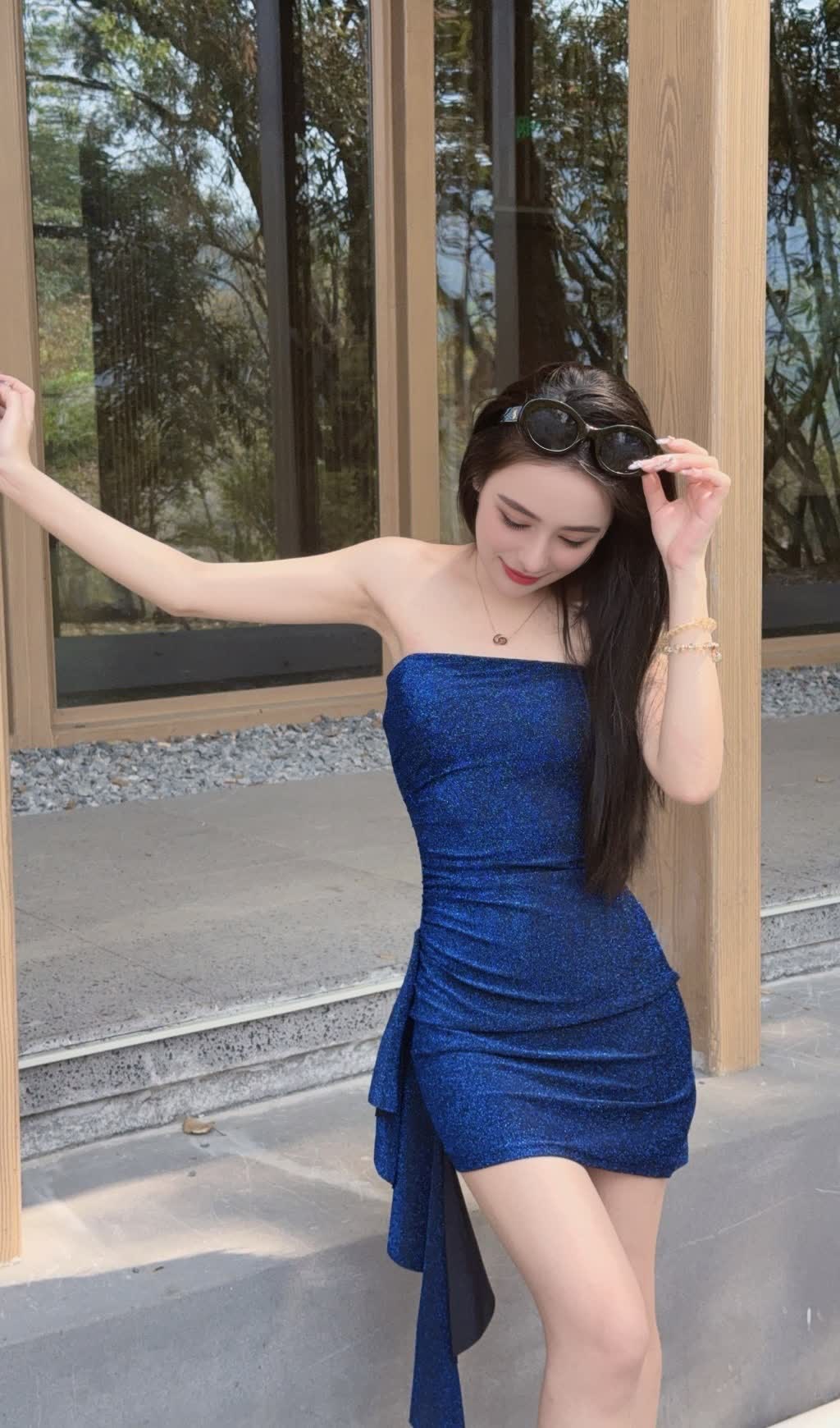 Strapless Glittery Royal Blue Hoco Dress with Asymmetric Ruffle