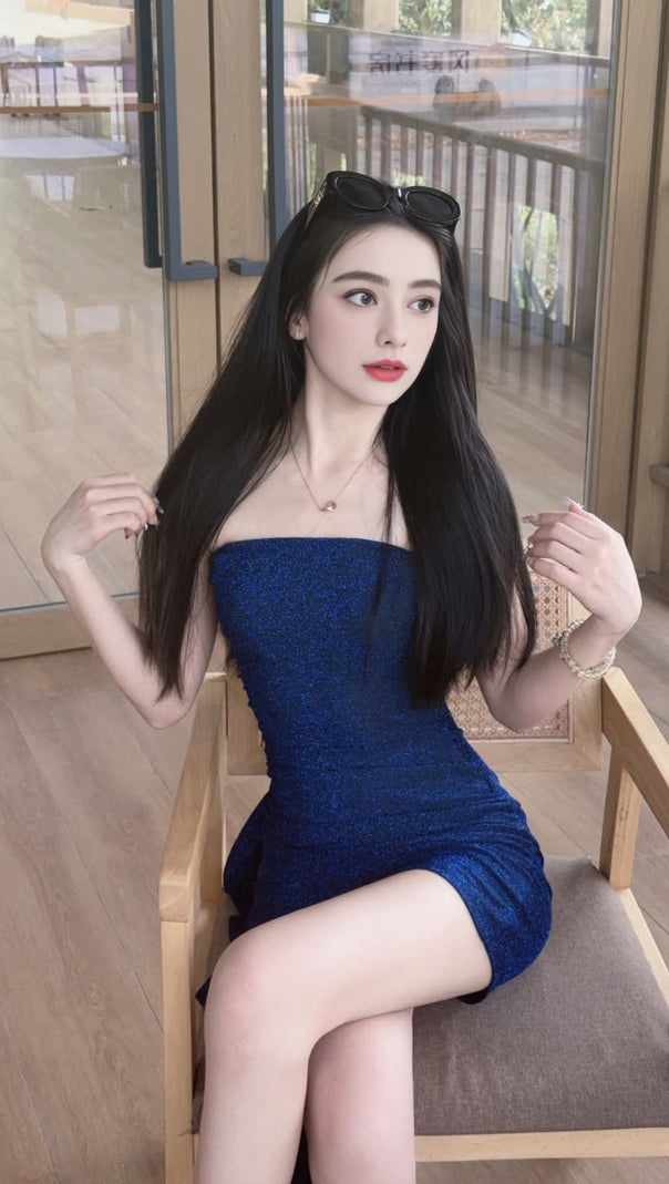 AIIZIE STRAPLESS GLITTERY ROYAL BLUE HOCO DRESS WITH ASYMMETRIC RUFFLE - product image
