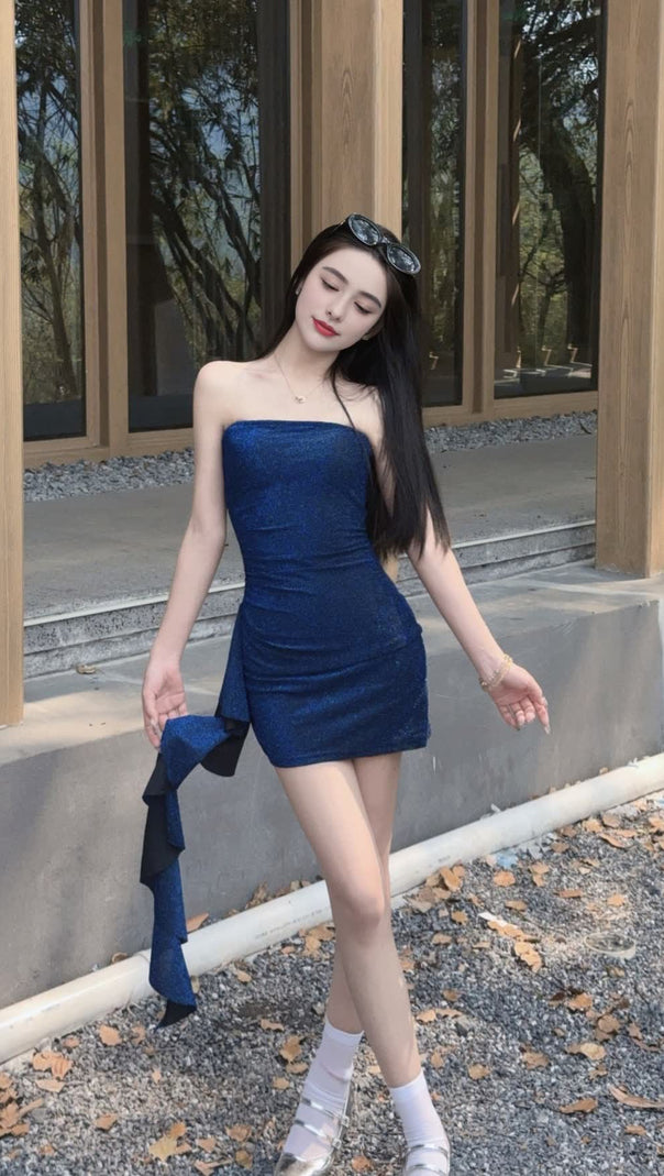 AIIZIE STRAPLESS GLITTERY ROYAL BLUE HOCO DRESS WITH ASYMMETRIC RUFFLE - product image