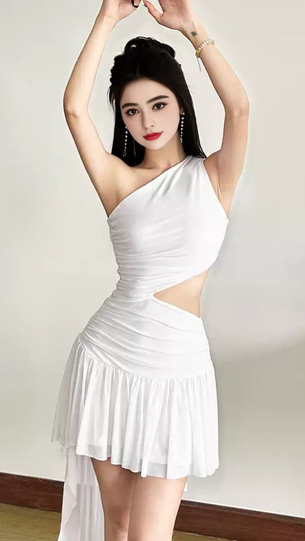 AIIZIE WHITE ONE - SHOULDER CUTOUT ASYMMETRIC MINI HOCO DRESS - product image
