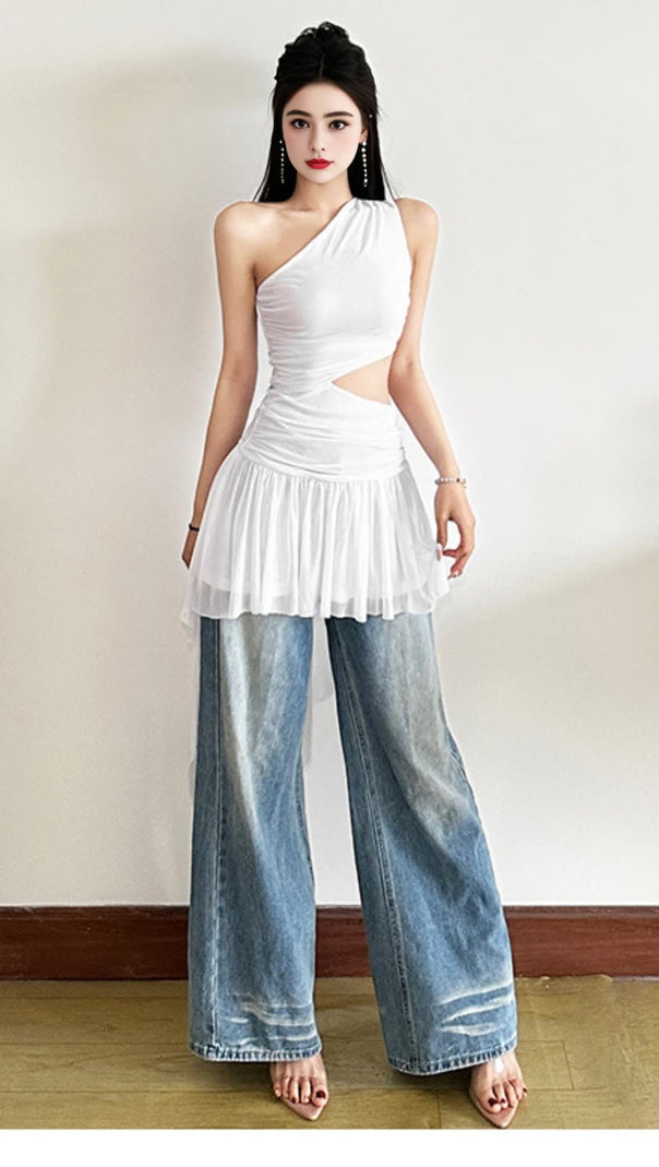AIIZIE WHITE ONE - SHOULDER CUTOUT ASYMMETRIC MINI HOCO DRESS - product image