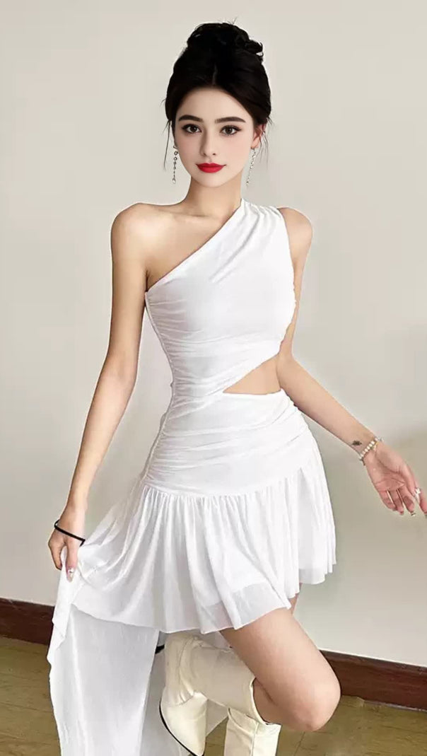 AIIZIE WHITE ONE - SHOULDER CUTOUT ASYMMETRIC MINI HOCO DRESS - product image
