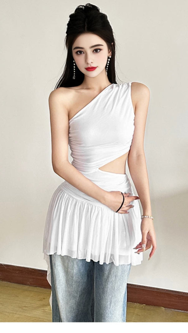AIIZIE WHITE ONE - SHOULDER CUTOUT ASYMMETRIC MINI HOCO DRESS - product image