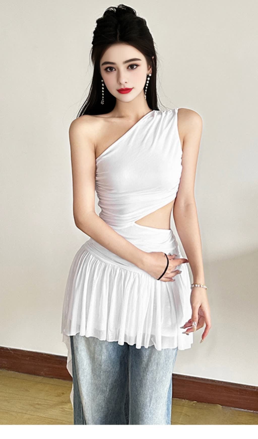 White One - Shoulder Cutout Asymmetric Mini  Hoco Dress