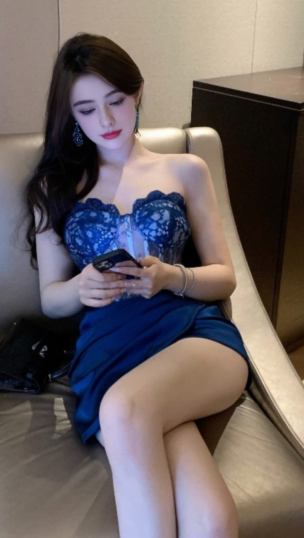 AIIZIE NAVY BLUE LACE - TOP SATIN HOCO DRESS - product image