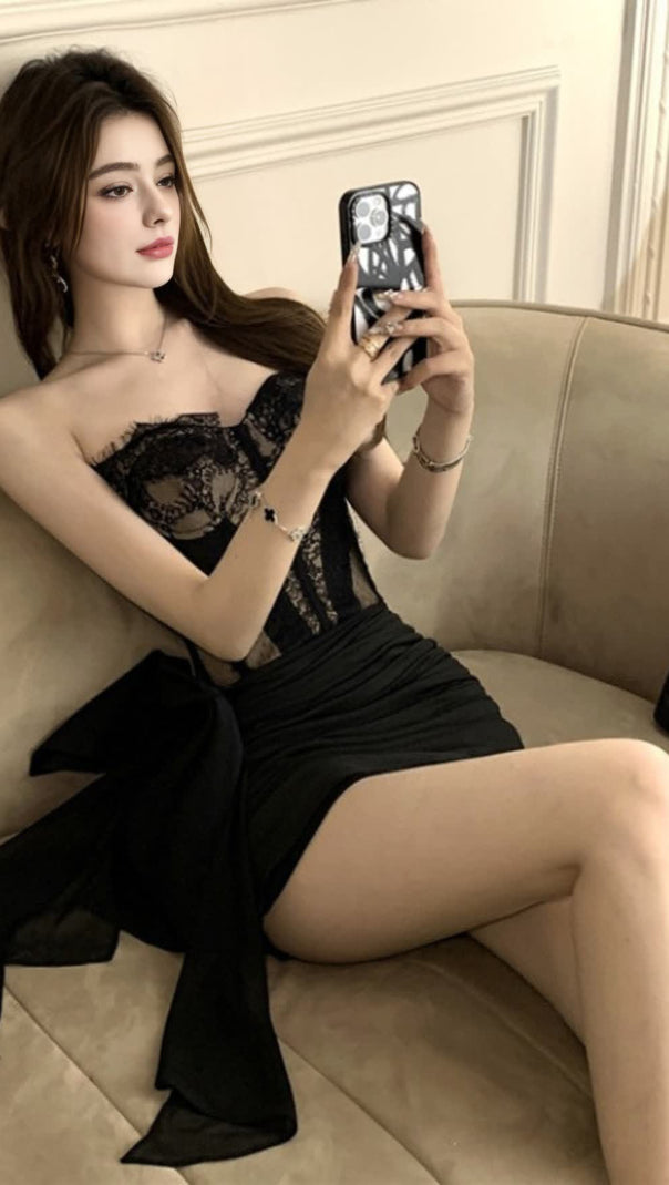 AIIZIE BLACK LACE STRAPLESS ASYMMETRIC HOCO DRESS - product image
