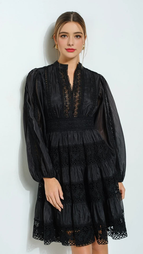 AIIZIE BLACK LACE - TRIMMED TIERED FALL DRESS - product image