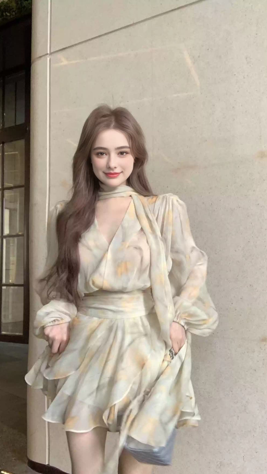 Chiffon-Herbstkleid mit Bindegürtel und Marmor-Print 