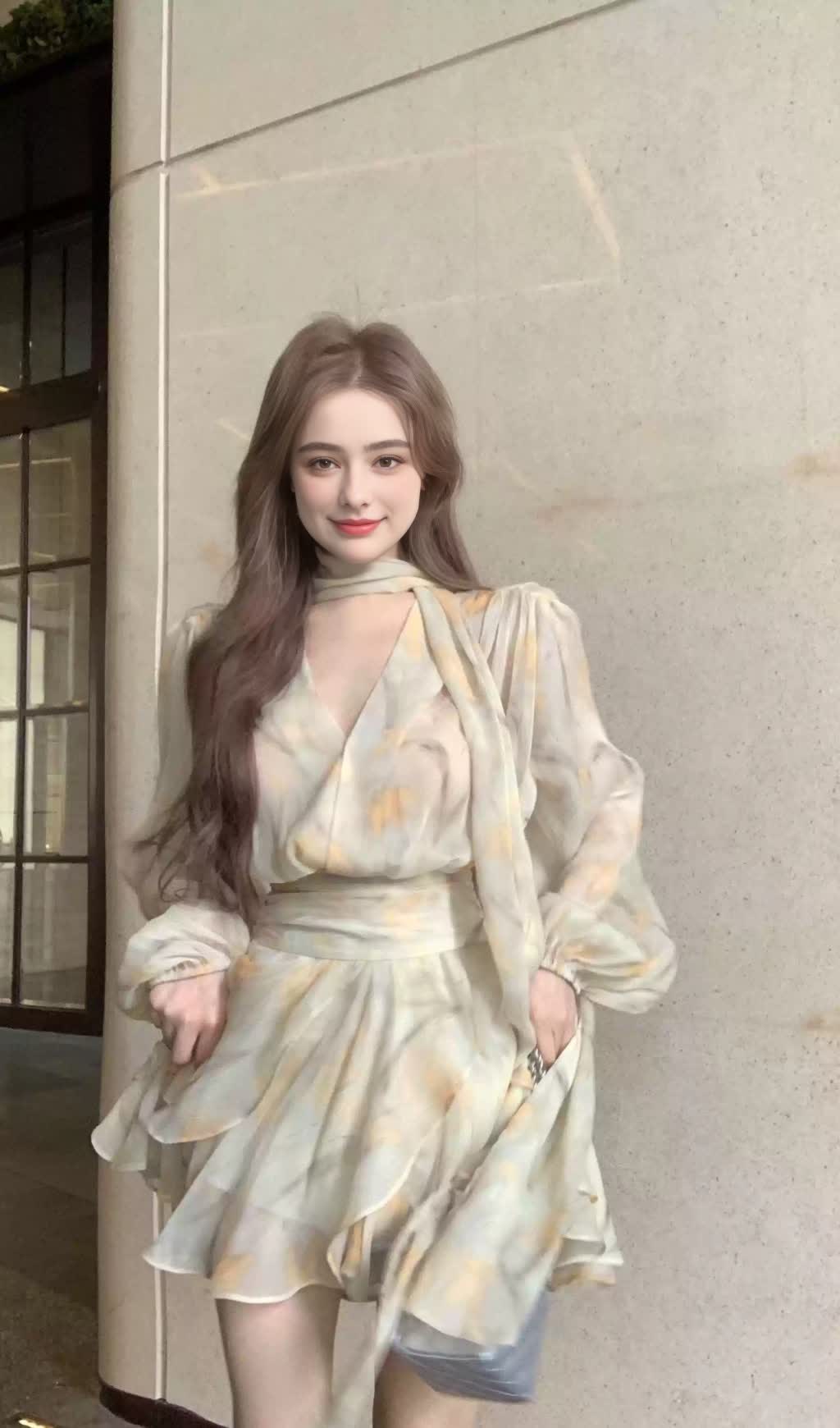 Tie - Neck Belted Marble - Print Chiffon Fall Dress
