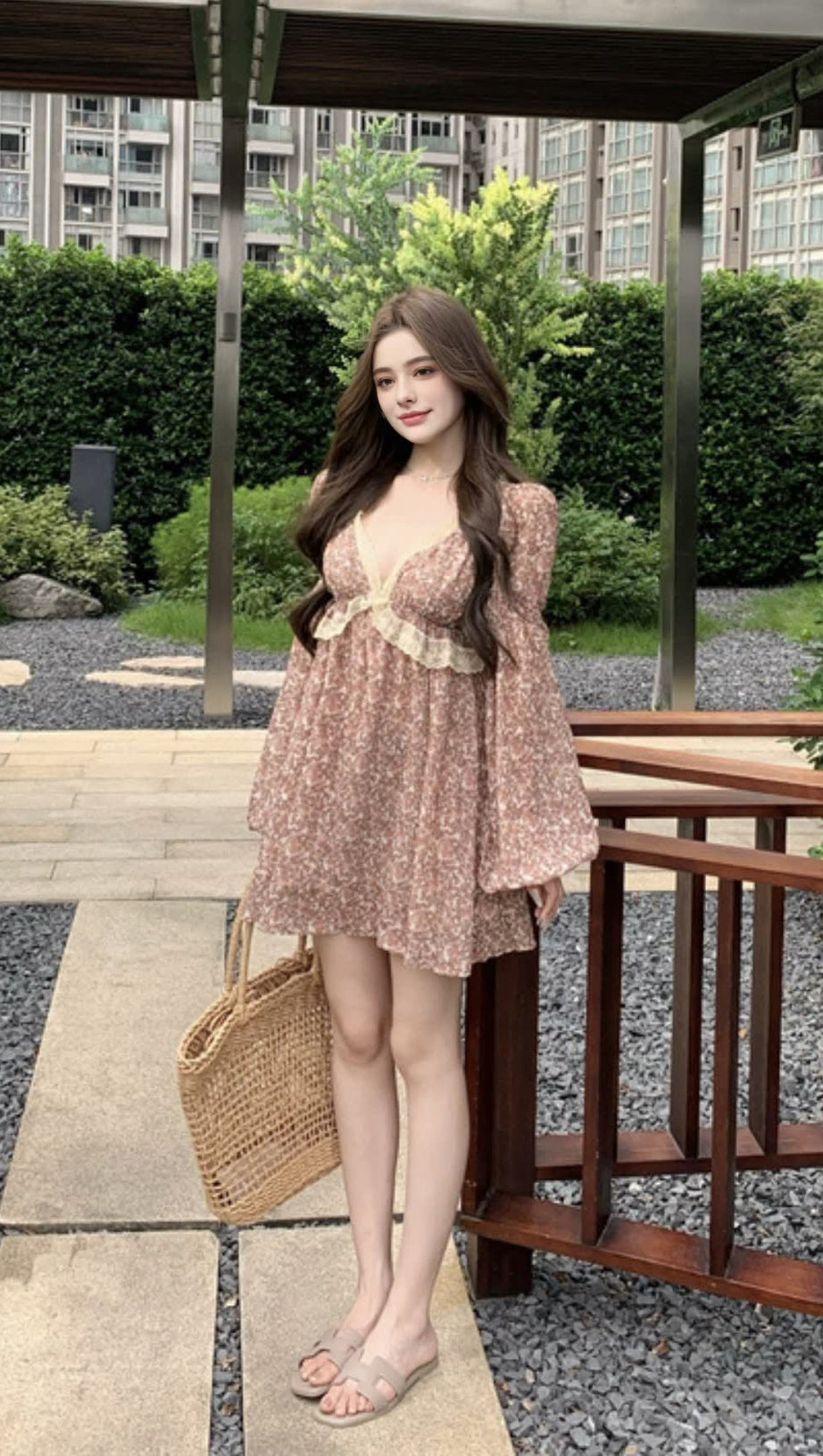 Herbstkleid mit Blumenspitze und V-Ausschnitt