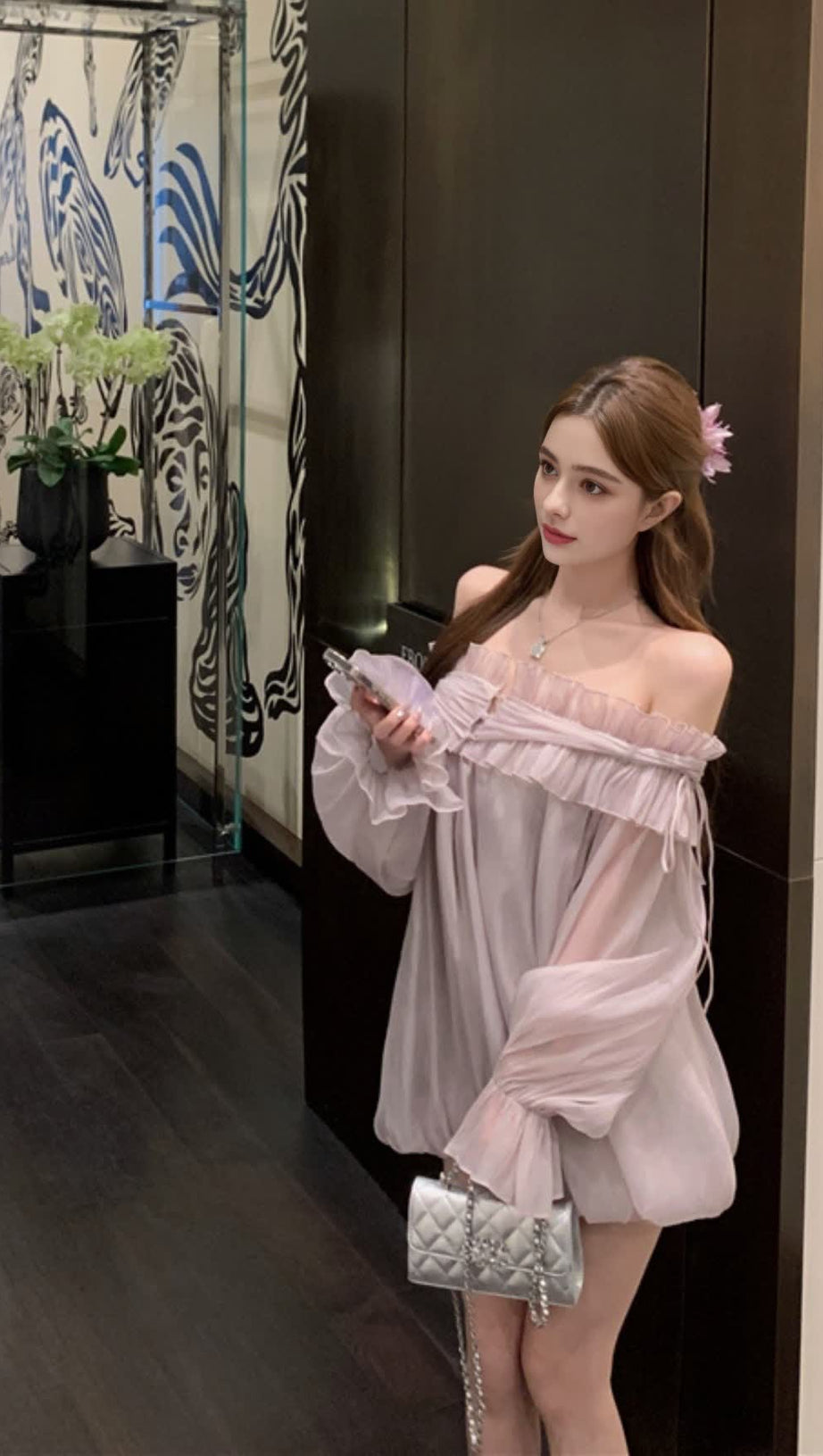 Lila transparentes Chiffon-Off-Shoulder-Herbstkleid