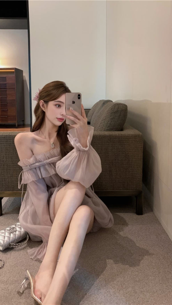 AIIZIE PURPLE SHEER CHIFFON OFF - SHOULDER FALL DRESS - product image