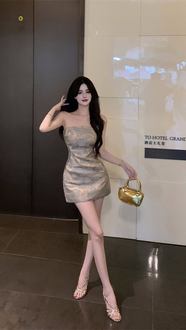 AIIZIE STRAPLESS BROCADE MINI HOCO DRESS - product image